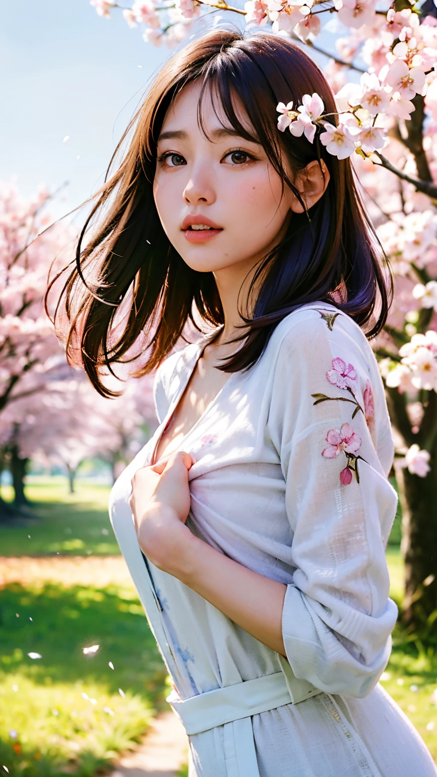 (A logo、​masterpiece、8K、masutepiece、Raw photo、Fantastic、Best Quality、Photorealistic、extremely detailed CG unified 8k wallpaper、hightquality、ighly detailed、epic poem、Particle effect、Dynamic effects、depth of fields、Cinematic Light、Lens Flare、Ray tracing)、Fantasia、 (Beauty 1 person、White Japanese Clothing、Japanese dress、White cherry blossom pattern、White cherry blossom embroidery pattern、A dark-haired、Beautiful face、Real Face、Beautiful detail eyes、Beautiful skin)、Hair flutters in the wind、Hair jumps、Pink cherry blossom tree、Petals flutter、Sakura blizzard、Superb view、morning glow、Sun in the background、the wind、Deities、tusk、myth、Vast Land、