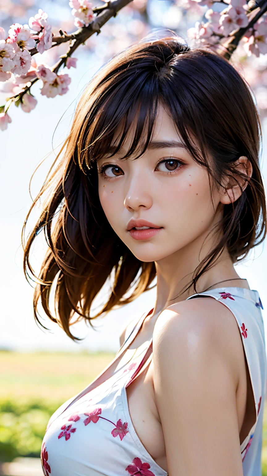 (A logo、masterpiece、8K、masutepiece、Raw photo、Fantastic、Best Quality、Photorealistic、extremely detailed CG unified 8k wallpaper、hightquality、ighly detailed、epic poem、Particle effect、Dynamic effects、depth of fields、Cinematic Light、Lens Flare、Ray tracing)、Fantasia、 (Beauty 1 person、White Japanese Clothing、Japanese dress、White cherry blossom pattern、White cherry blossom embroidery pattern、A dark-haired、Beautiful face、Real Face、Beautiful detail eyes、Beautiful skin)、Hair flutters in the wind、Hair jumps、Pink cherry blossom tree、Petals flutter、Sakura blizzard、Superb view、morning glow、Sun in the background、the wind、Deities、tusk、myth、Vast Land、