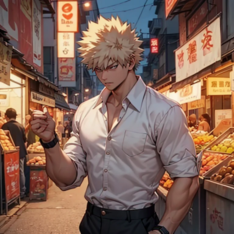 Bakugou Katsuki in white open shirt and black pants with some wristbands and a wrist watch walking on the street, looking around, evening scene, bustling market, upper body