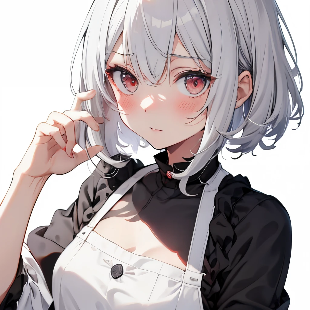 【Highest Quality, masutepiece】 [1 girl in, Manteau, expressioness, red eyes, front facing, White hair, Slender beauty,straight haired, Bery short hair ,Cafe apron] (Gray white background:1.5), no smile, Does not blush cheeks,