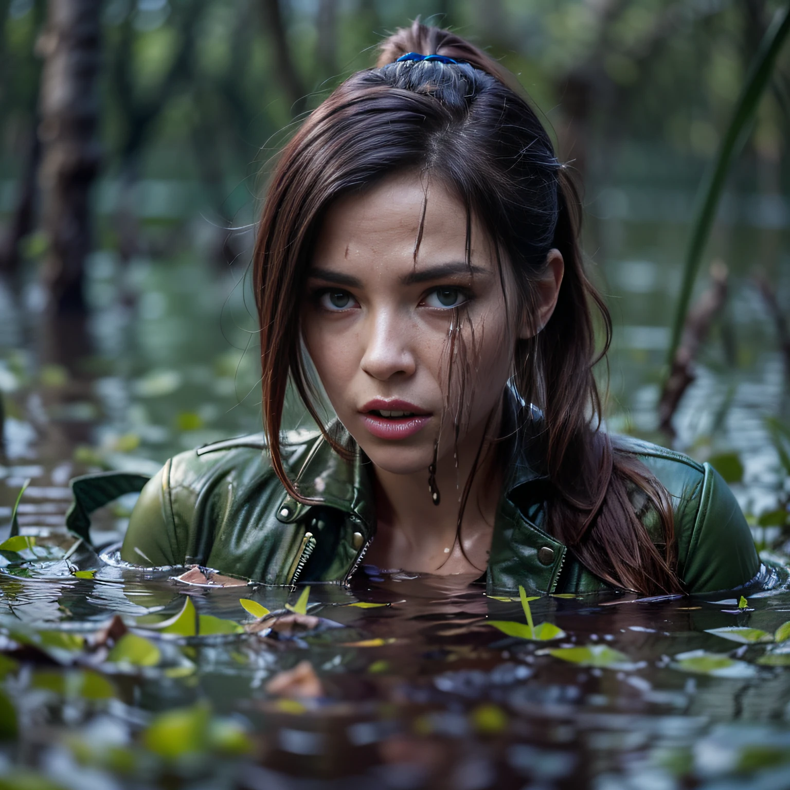Tormented by lust, caught by surprise in the forest, Indulging your sexual fetish, drowned in a swamp, standingn. Her face is haggard and dehydrated. She is perplexed and looks around in fright.
TAGS: blurred background, (wearing jeans), leather jacket, in blouse wearing, standingn, (drowning in a swamp up to his thighs:1.3), (Short hair gathered in a ponytail),