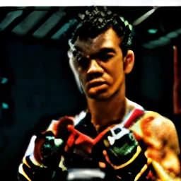 Close-up of a man in boxing gear standing in the ring., Muay Thai Heroic Moves, thawan duchanee, Posing ready for battle, in style of thawan duchanee, mohamed chahin style, Fighter Plane Posture, mohamed chahin, Ready to fight, In a combat position., Tony Taka, Ruxing Gao