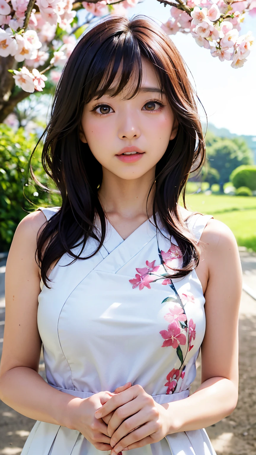 (A logo、​masterpiece、8K、masutepiece、Raw photo、Fantastic、Best Quality、Photorealistic、extremely detailed CG unified 8k wallpaper、hightquality、ighly detailed、epic poem、Particle effect、Dynamic effects、depth of fields、Cinematic Light、Lens Flare、Ray tracing)、Fantasia、 (Beauty 1 person、White Japanese Clothing、Japanese dress、White cherry blossom pattern、White cherry blossom embroidery pattern、A dark-haired、Beautiful face、Real Face、Beautiful detail eyes、Beautiful skin)、Hair flutters in the wind、Hair jumps、Pink cherry blossom tree、Petals flutter、Sakura blizzard、Superb view、morning glow、Sun in the background、the wind、Deities、tusk、myth、Vast Land、