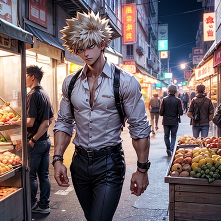 Bakugou Katsuki in white open shirt and black pants with some wristbands and a wrist watch walking on the street, looking around, evening scene, bustling market, upper body