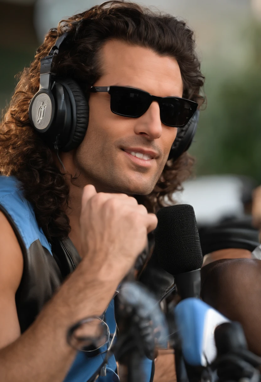 The image is of the character dressed up as a 90s shock jock, sitting behind a radio microphone with headphones on, engaging in a lively and controversial on-air conversation.,original,Howard in the 1990s, the renowned radio personality, was known for his distinctive, long curly hair that fell past his shoulders, often paired with dark sunglasses, projecting a rock star-like image. His tall, slender frame was typically clad in casual, yet stylish attire, reflecting his nonconformist attitude and presence in the entertainment world. , male