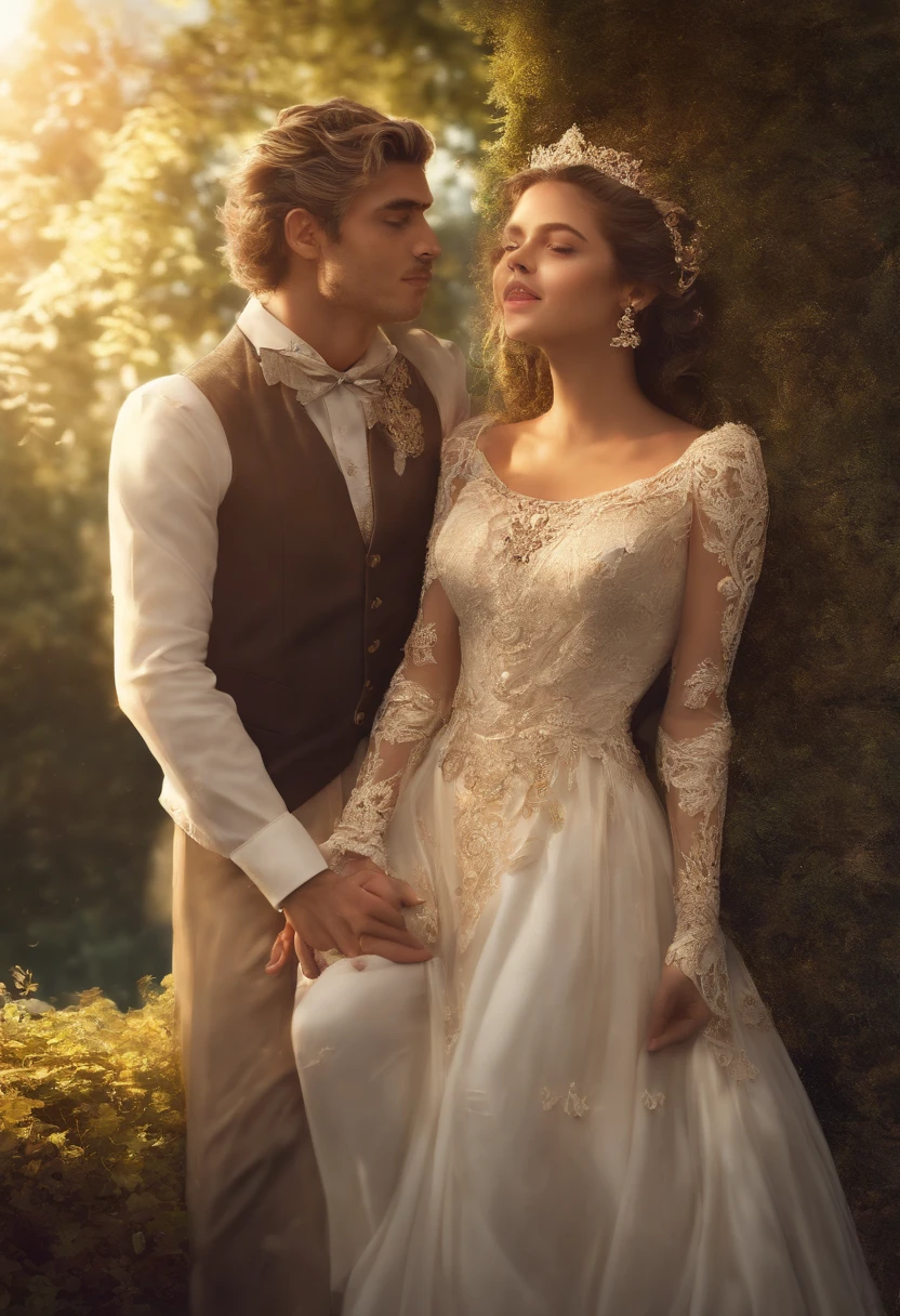 Um casal bonito, atraente e realista, The faces of the couple are beautiful and proportional ((rosto detalhado)), mulher vestida como uma princesa, The man is wearing an elegant outfit. Couple is walking in the garden, sol encharcado, Roberto Ferri e Ruan Jia, very magical and dreamy, noivos, Durante a Hora Dourada, imagem surrealista, golden hour sunset lighting, luz solar da hora dourada, Tiro na Hora de Ouro, soft golden hour lighting, sparkling in the sunlight. alta qualidade,master part, melhor qualidade, (extremamente detalhado CG unidade 8k papel de parede), (melhor qualidade), (best illustration), (Melhor sombra), absurdos, realistic lighting, imagem surrealista