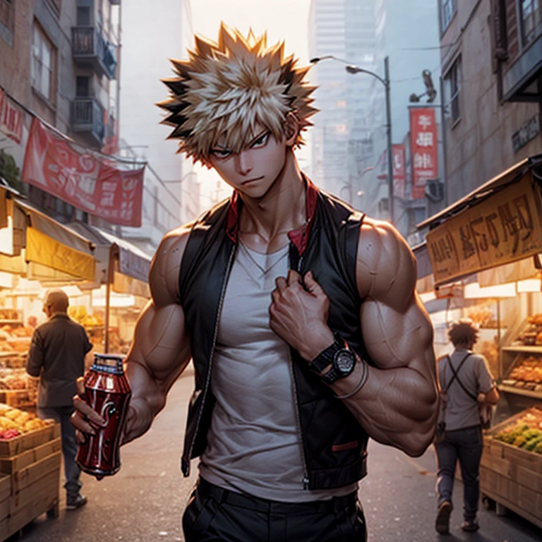 Bakugou Katsuki in white sleeveless vest and black trousers with some wristbands and a wrist watch walking on the street, looking around, evening scene, bustling market, upper body, drinking cola