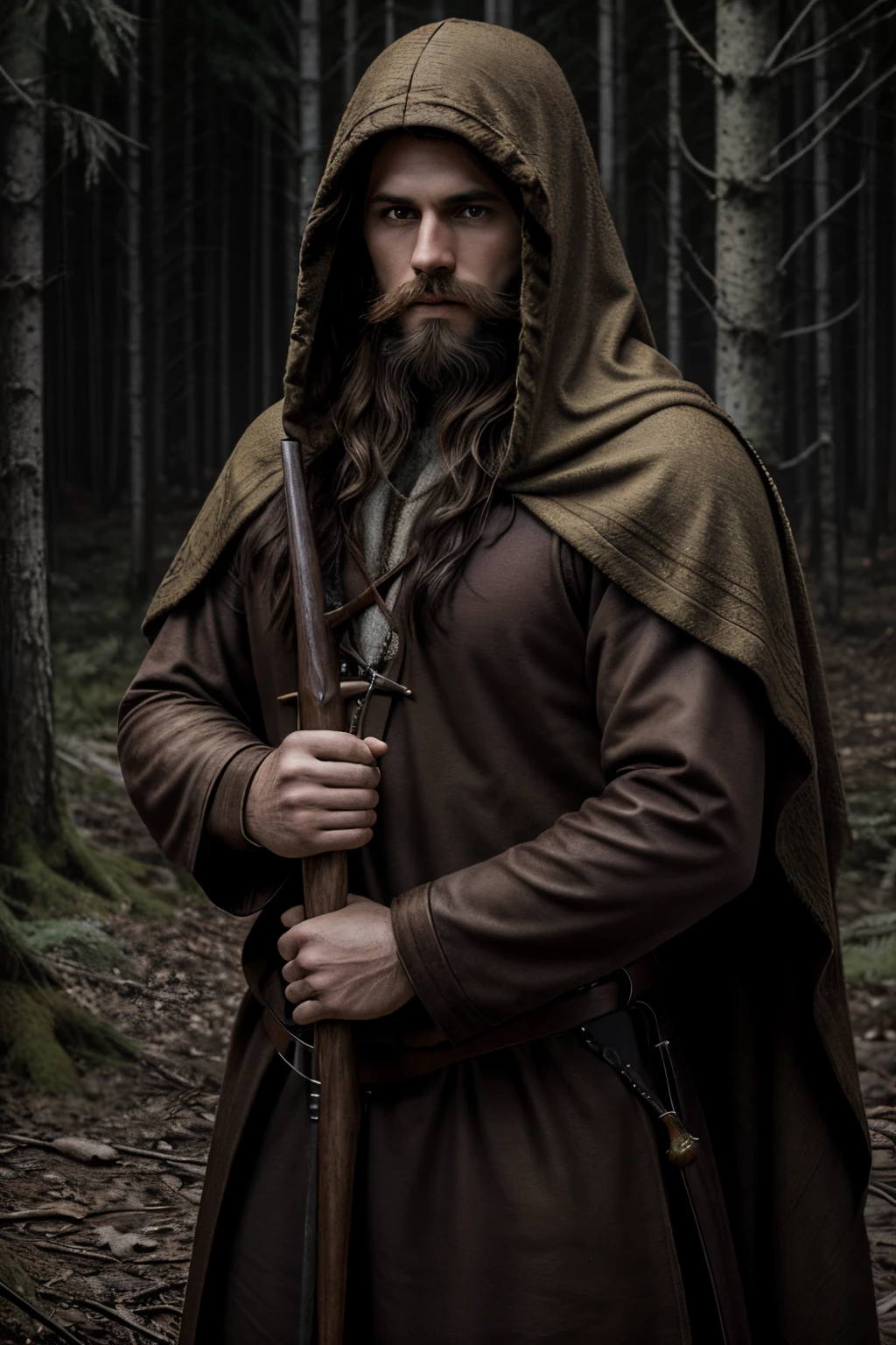 ember, Long brown hair, bearded, Medieval Druid Hunter, in the middle of a dense forest at night, hooded, medieval style, Realistic, Ultra Detailed
