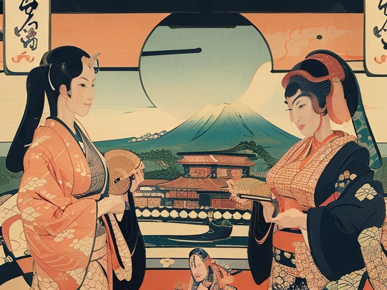 ((ukiyoe painting:1.6))、(Beautuful Women:1.5)、group、motor car、shopping street、Harley davidson、Motorcycles、Kimono、falls、Mt fuji、