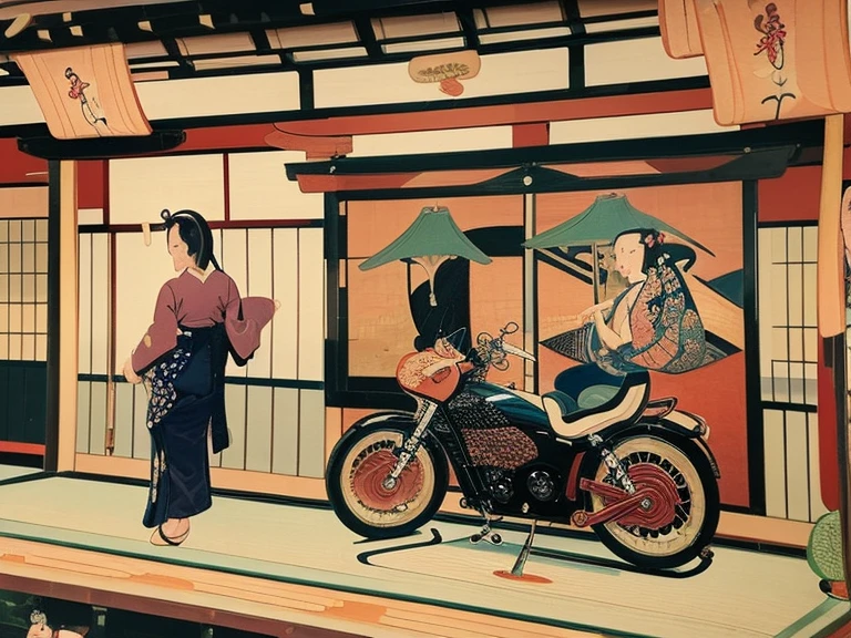 ((ukiyoe painting:1.6))、(Beautuful Women:1.5)、group、motor car、shopping street、Harley davidson、Motorcycles、Kimono、falls、Mt fuji、