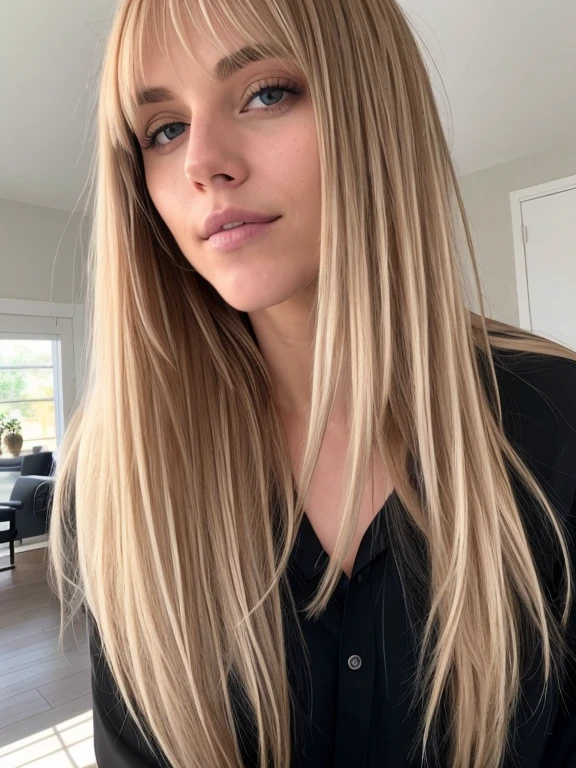 beautiful photo of a natural good looking girl, Long blond hair with bangs, black clothes on her, big butt, standing in a bedroom, zoomed out, light grey/brown eyes, Point your eyes at the camera, Eyes symmetrical, Face symmetrical, Photorealistic, Cameraman, Route tracking, Reflective lighting, Volumetric light for the face, Guide through the hair, Visible shadows, Complicated, Elaborate, skin imperfections, closed mouth