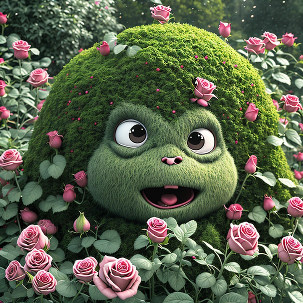 Bush monster with roses sprouting everywhere on its body.has to have a cartoon like art style with even body and head proportions. It cant look scary because i want the face to look more childish