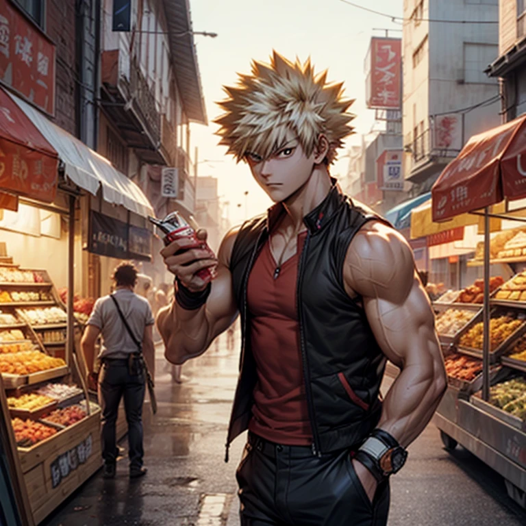 Bakugou Katsuki in white sleeveless vest and black trousers with some wristbands and a wrist watch walking on the street, looking around, evening scene, bustling market, upper body, drinking cola, handsome face age 25