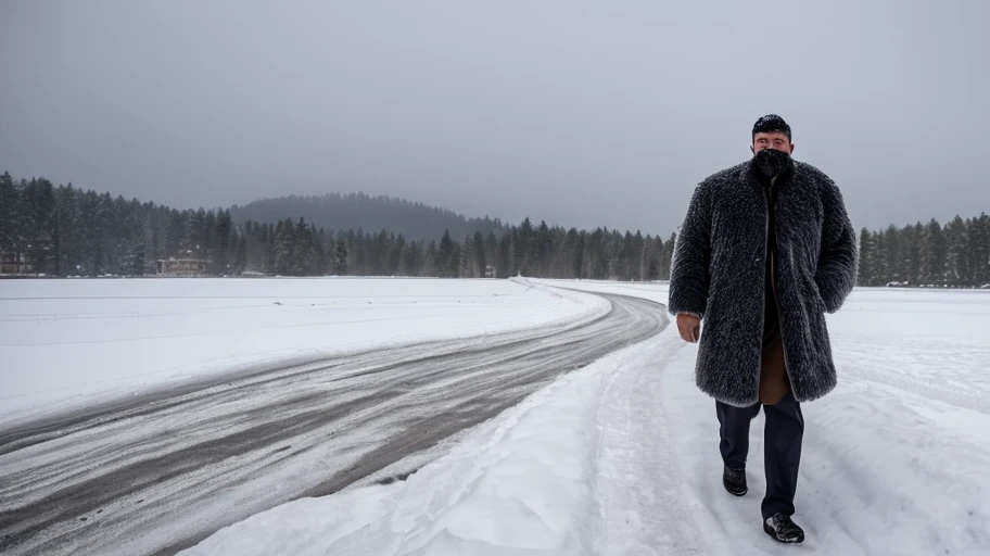 Photograph of a man wearing a big fluffy coat walking through a snowy wasteland
