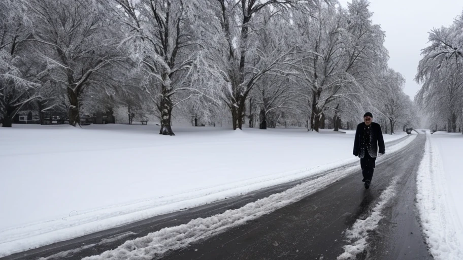 Photograph of a man wearing a big fluffy coat walking through a snowy wasteland