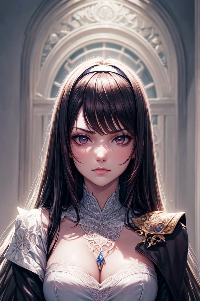 (((yor_briar))), 1girl, solo, spy_x_family, black_hair, long_hair, red_eyes, bangs, hair_netween_eyes, [black_dress], hairband, indoors, holding_knife, blood, jewelry, white_coat, classical, formal, adult, serious, evil, excited, (official art), fantasy, masterpiece, best quality, (highres), absurdres, 4K, 8K, 16K, beautiful face, beautiful body, symmetrical face, gorgeous, deep eyes, realistic shaded, stunning, intricate, hyper-detailed, highly detailed, sharp, smooth, sharp focus, realistic, anime, manga