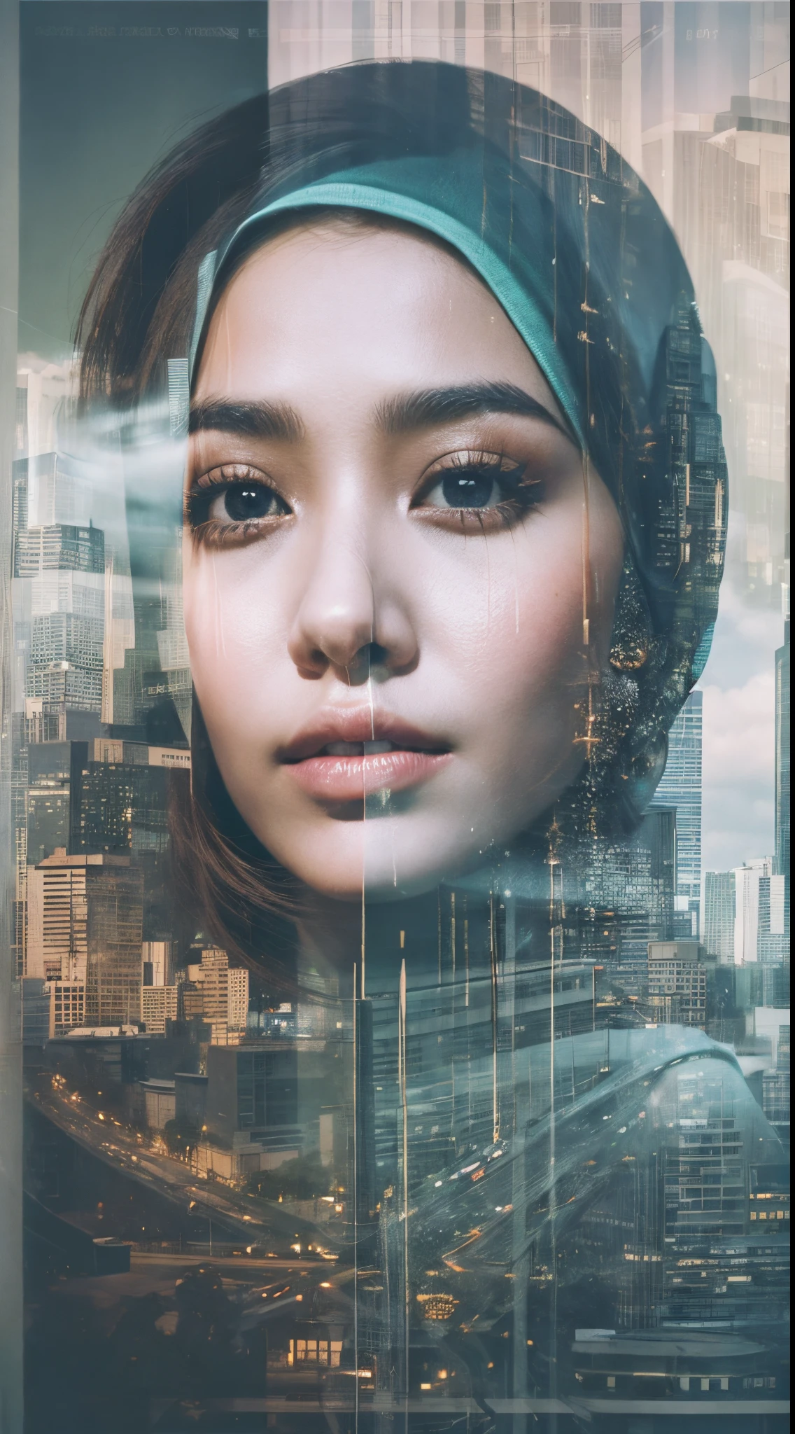 Combine a portrait of a Malay man and a malay girl in hijab with a serene big modern city landscape, creating a harmonious double exposure effect, double exposure drama poster style, poster, drama, drama tittle,