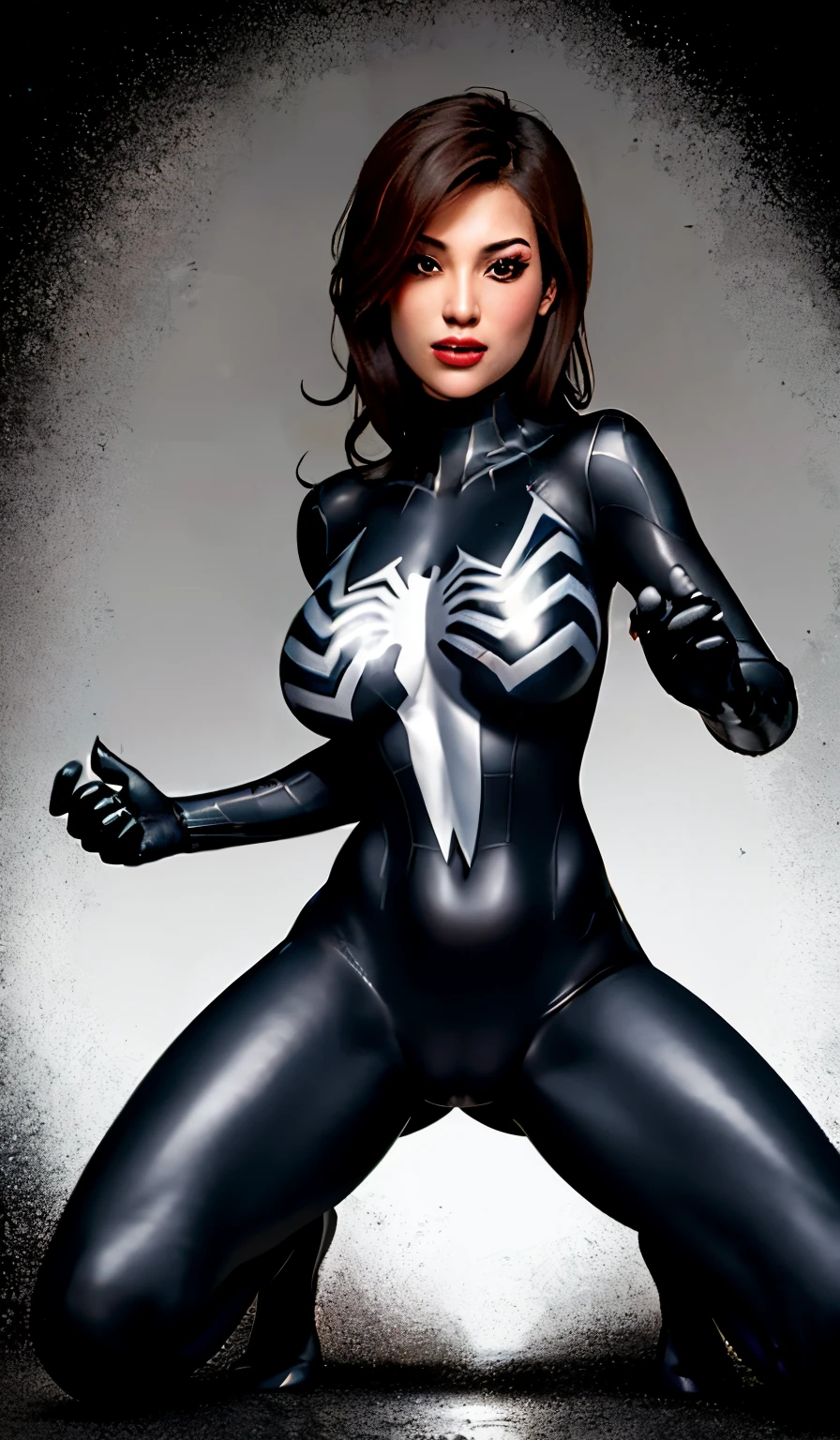 4K，realisticlying，Glamorous，The is very detailed，There is a girl in Dingcheng，Wearing a black Spider-Man costume，（Black and white：1.4） the night,symbiote，venomize，a large amount of mucus,she is a spiderman，Black superhero theme，In front of the sky，Flushed complexion，( Open legs， camel-toe，Vulvar shape：1.3）(GGCameltoe:1.3)Legs apart，25 age old，full bodyesbian