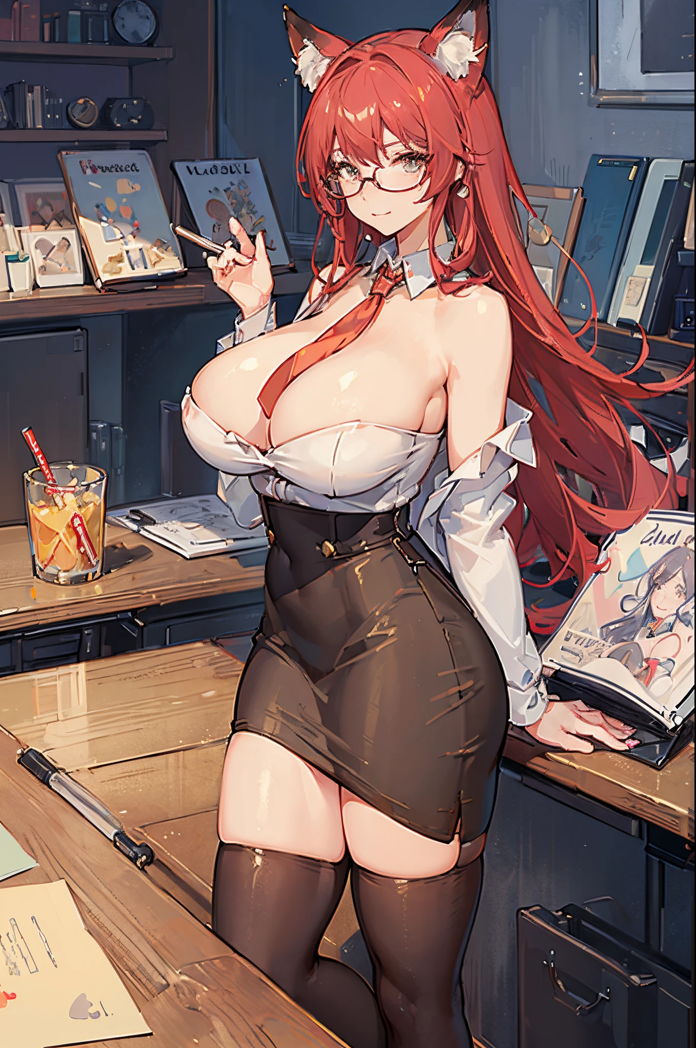 (Masterpiece: 1.5), (Best Quality: 1.5), (Perfect Face), 1 Woman, Fox ears, Fox tail, office lady, mature woman, big tummy, fat body, voluptuous body, tight pencil skirt, big butt, glasses,