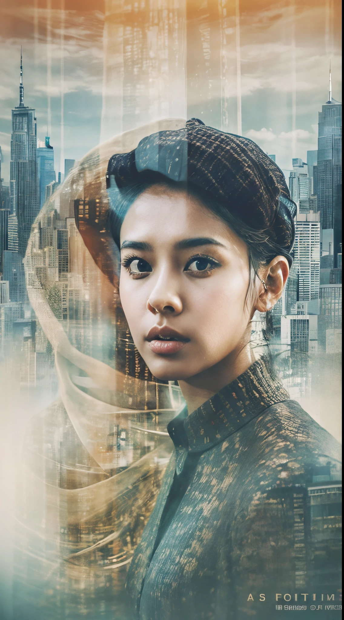 Combine a portrait of a Malay man and a malay girl in hijab with a serene big modern city landscape, creating a harmonious double exposure effect, double exposure drama poster style, poster, drama, drama tittle,