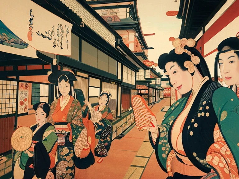 ((ukiyoe painting:1.6))、(Beautuful Women:1.5)、group、motor car、shopping street、Family、Kimono、falls、Mt fuji、