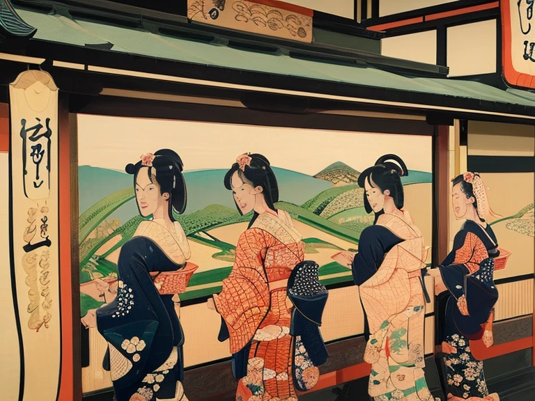 ((ukiyoe painting:1.6))、(Beautuful Women:1.5)、group、motor car、shopping street、Family、Kimono、falls、Mt fuji、