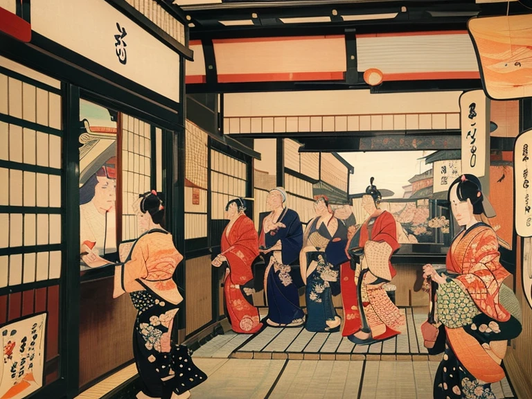 ((ukiyoe painting:1.6))、(Beautuful Women:1.5)、group、motor car、shopping street、Family、Kimono、falls、Mt fuji、
