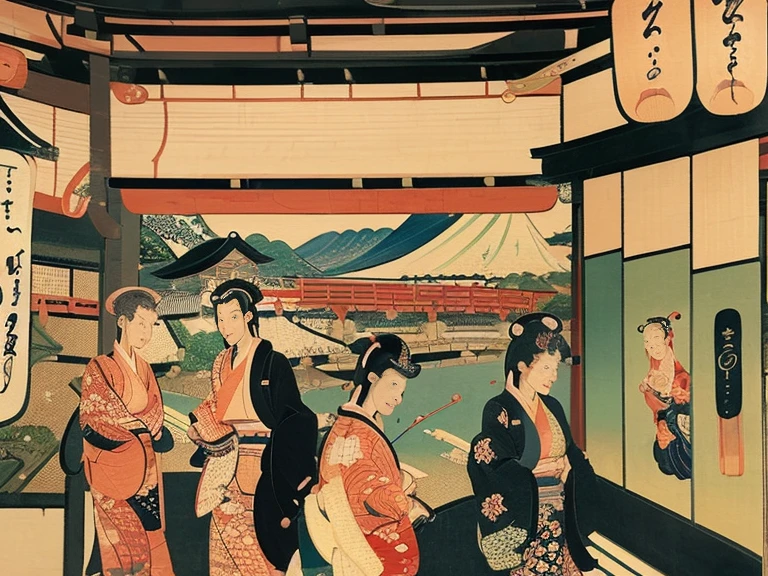 ((ukiyoe painting:1.6))、(Beautuful Women:1.5)、group、motor car、shopping street、Family、Kimono、falls、Mt fuji、