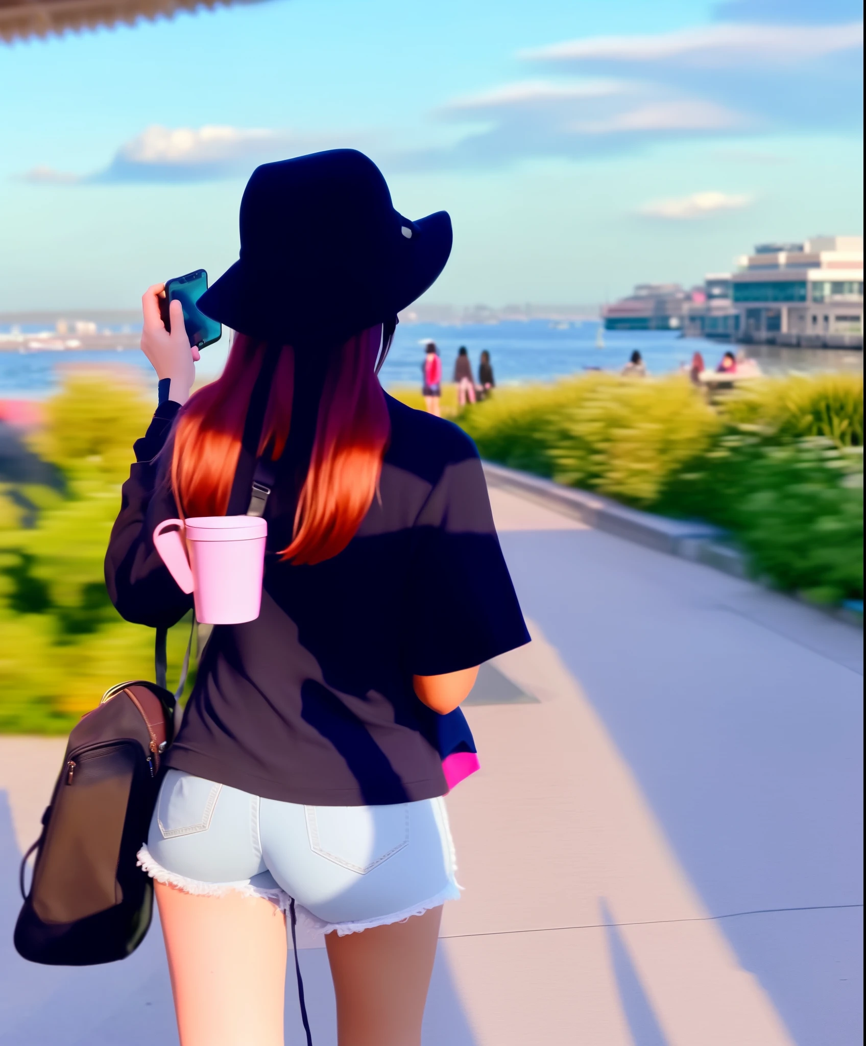 A woman takes pictures of women while walking along the promenade with her smartphone. Black hair. Black clothes with a lightning motif. Rear view. Age is in her 30s. Scenery is along a stream. Anime style.