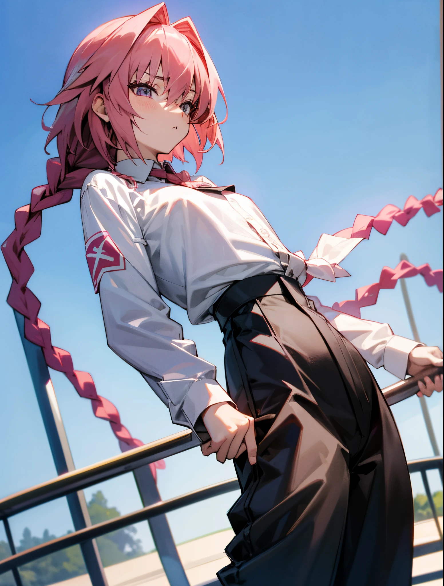 beste-Qualit、8K、4k、high - res、more detailed, astolfo、fgo、Bright amusement park、flat chest、Long braids、official shirt, black pant