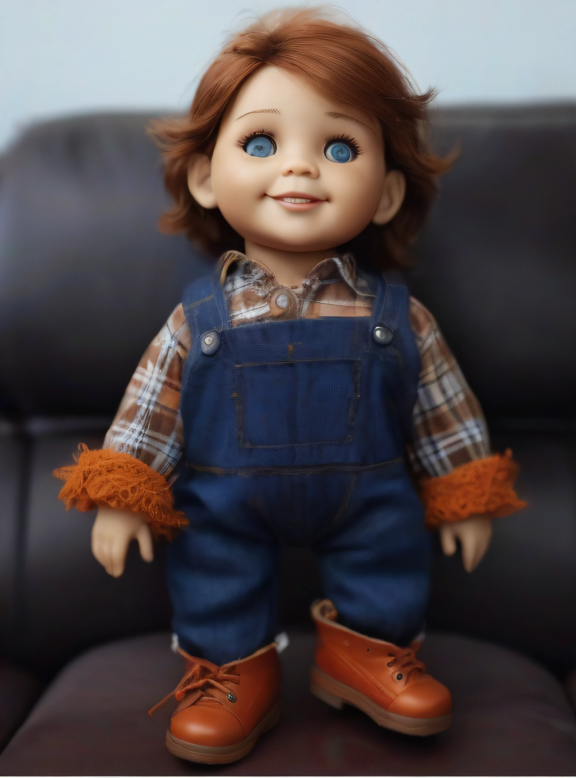 Desenho de um boneco do mocinho, inspirado na boneca, is a ventriloquist's dummy with a . plaid t-shirt and jumpsuit You straight, thick hair is so brown, Seus olhos AZUIS brilham, image in very high quality