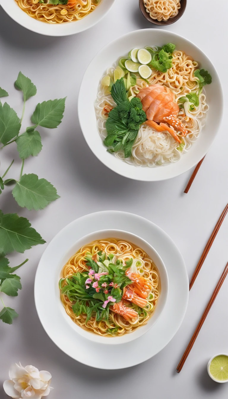 The noodles are placed on an intermediate platform,The space environment is surrounded by flowers and plants,