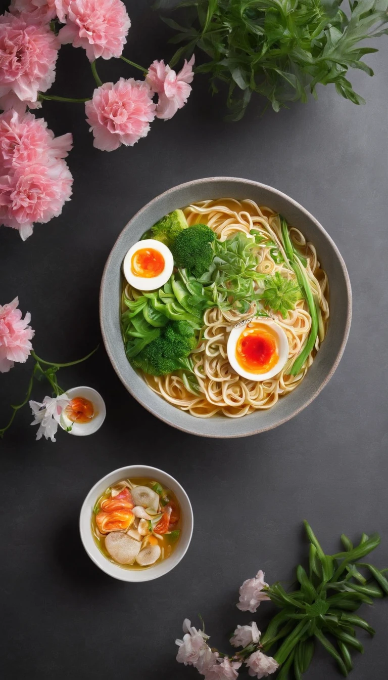The noodles are placed on an intermediate platform,The space environment is surrounded by flowers and plants,