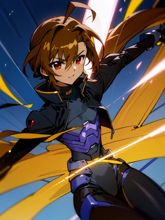 Dark skinned,otokonoko, cute,young, (beautiful boy) long dark brown hair with ahoge, red eyes, (flat chested) wearing (Magical Girl Lyrical Nanoha StrikerS: Vivio Takamachi long black barrier jacket black armoured bodysuit outfit), gloves, cute smile, close up, bright blue sky background