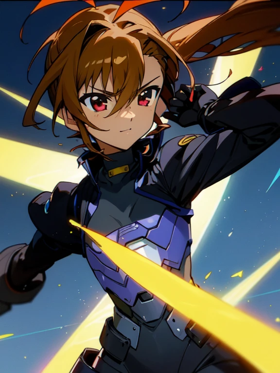 Dark skinned,otokonoko, cute,young, (beautiful boy) long dark brown hair with ahoge, red eyes, (flat chested) wearing (Magical Girl Lyrical Nanoha StrikerS: Vivio Takamachi long black barrier jacket black armoured bodysuit outfit), gloves, cute smile, close up, bright blue sky background