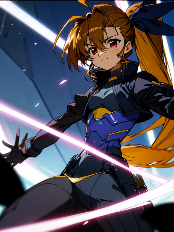 Dark skinned,otokonoko, cute,young, (beautiful boy) long dark brown hair with ahoge, red eyes, (flat chested) wearing (Magical Girl Lyrical Nanoha StrikerS: Vivio Takamachi long black barrier jacket black armoured bodysuit outfit), gloves, cute smile, close up, bright blue sky background