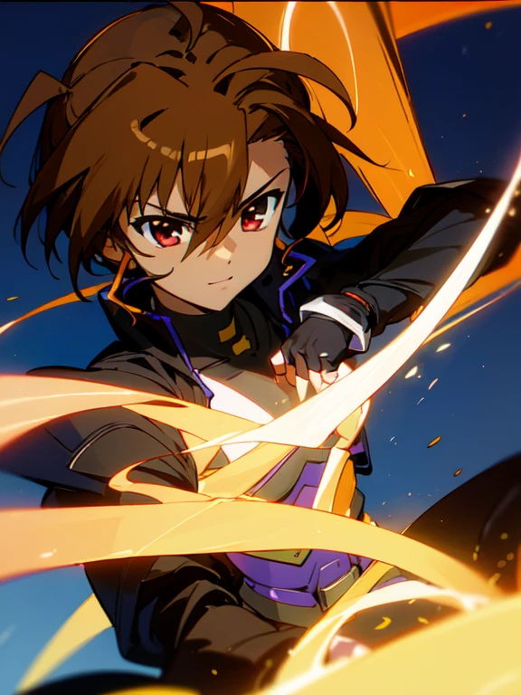 Dark skinned,otokonoko, cute,young, (beautiful boy) long dark brown hair with ahoge, red eyes, (flat chested) wearing (Magical Girl Lyrical Nanoha StrikerS: Vivio Takamachi long black barrier jacket black armoured bodysuit outfit), gloves, cute smile, close up, bright blue sky background