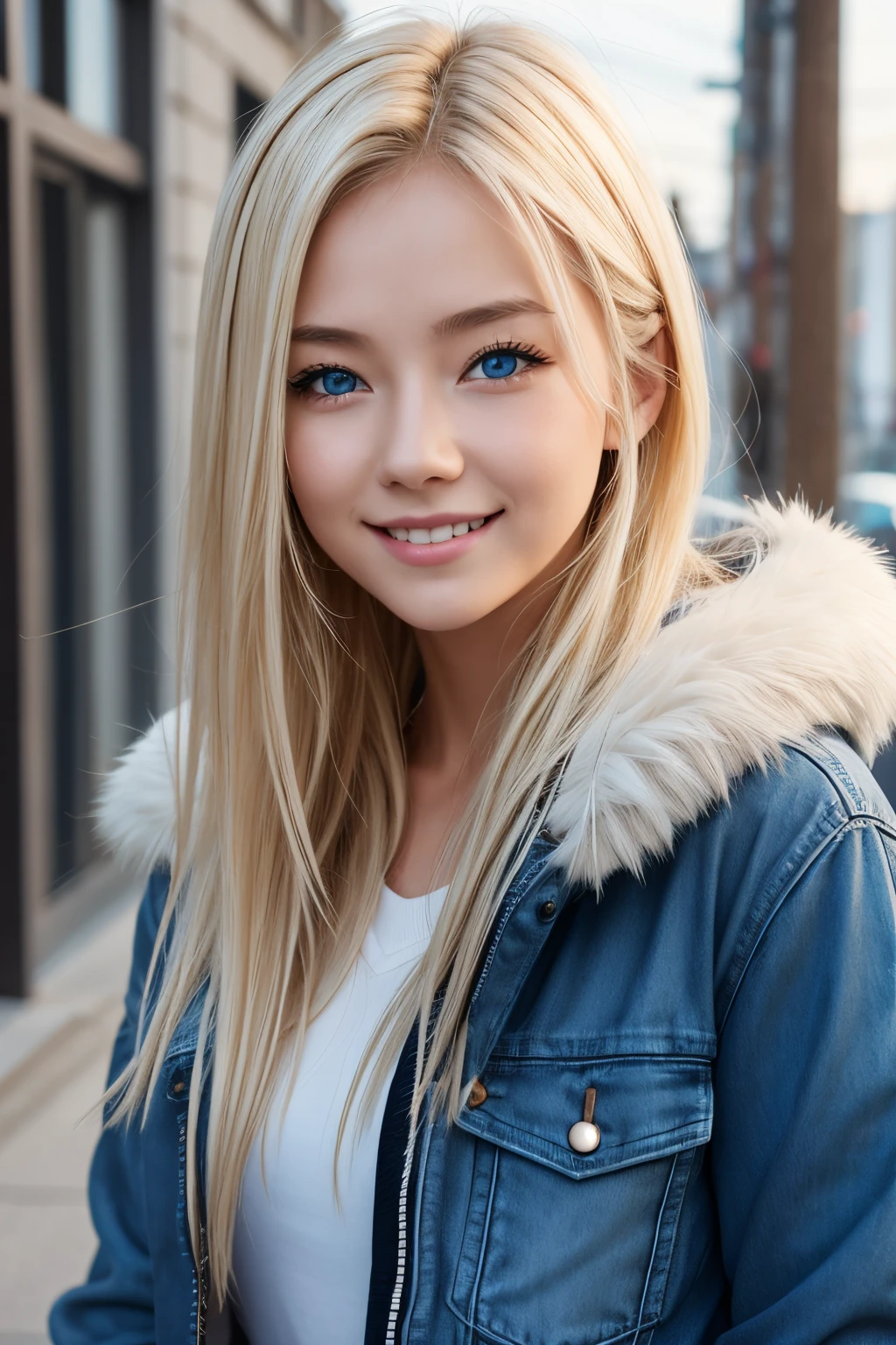 KristiaAOT, 1girl, 独奏, Krista Renz, Smile, Hair between the eyes, blue eyes, blonde hair, jacket, Medium Hair,