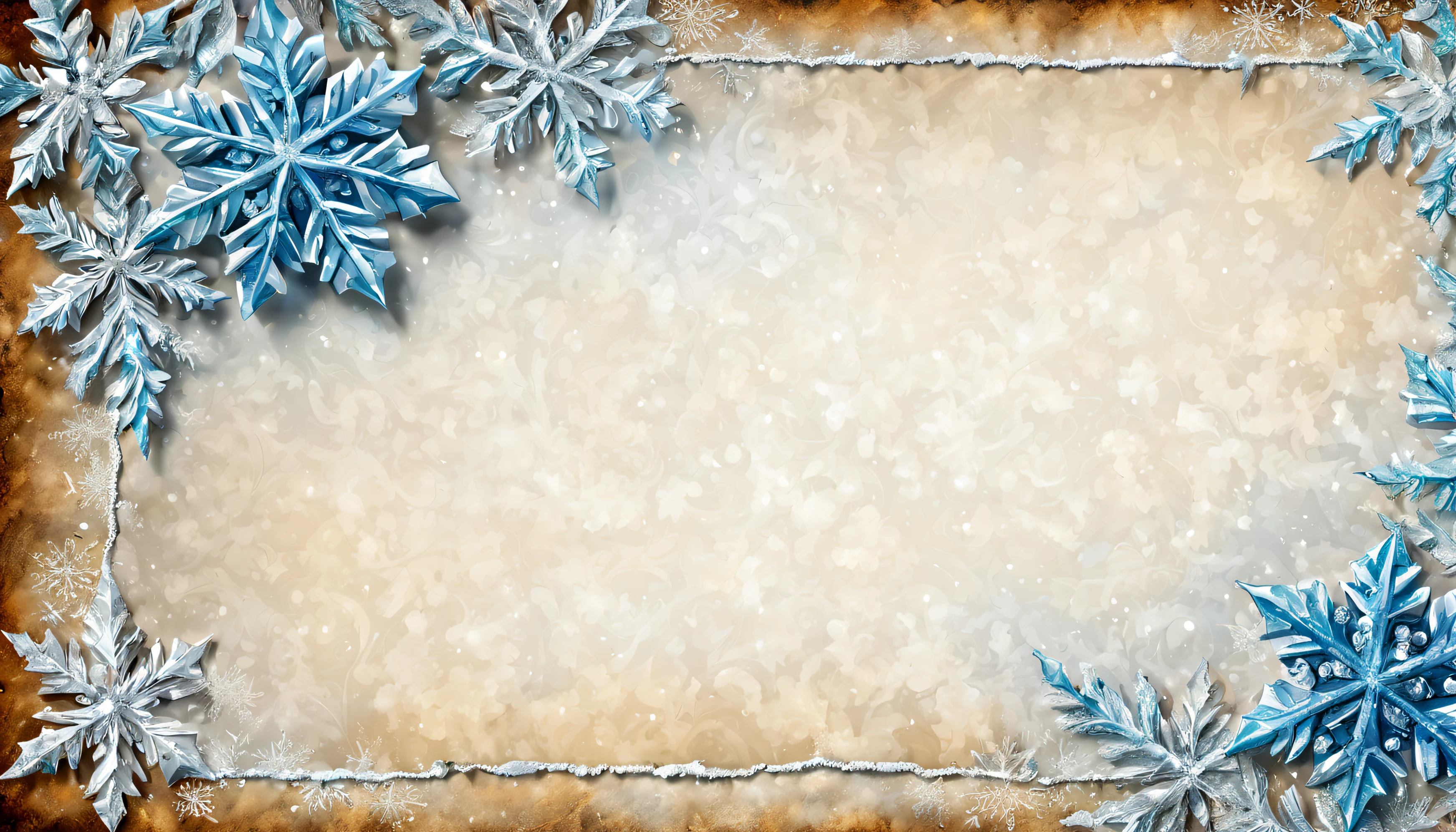 christmas background frozen frame, with lots of ice ornaments, decorative background, background artwork, on old parchment paper, detailed background, background is white, artwork, frozen ornament background, frozen frame border, details by greg rutkowski