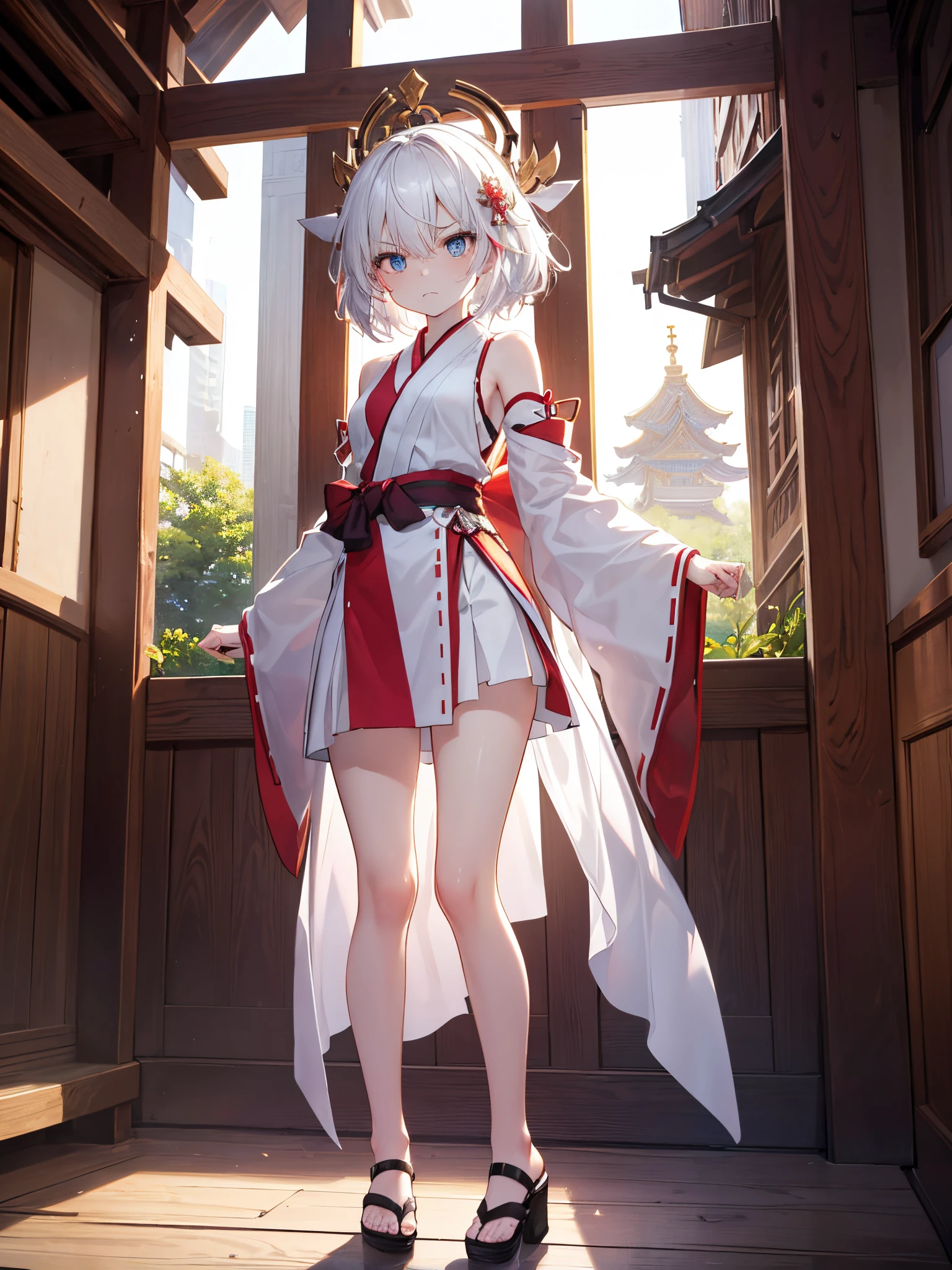(masterpiece、top-quality、high resolution、Photorealsitic:1.2), sharp pupils, detailed background、18 year old beautiful girl、(Miko)、short-hair, White hair, Shiny hair、Dynamic Poses、(Angry face)、Teary-eyes, in a Shrine, standing, full body, li, small breast, stare at audience, beautiful eyes