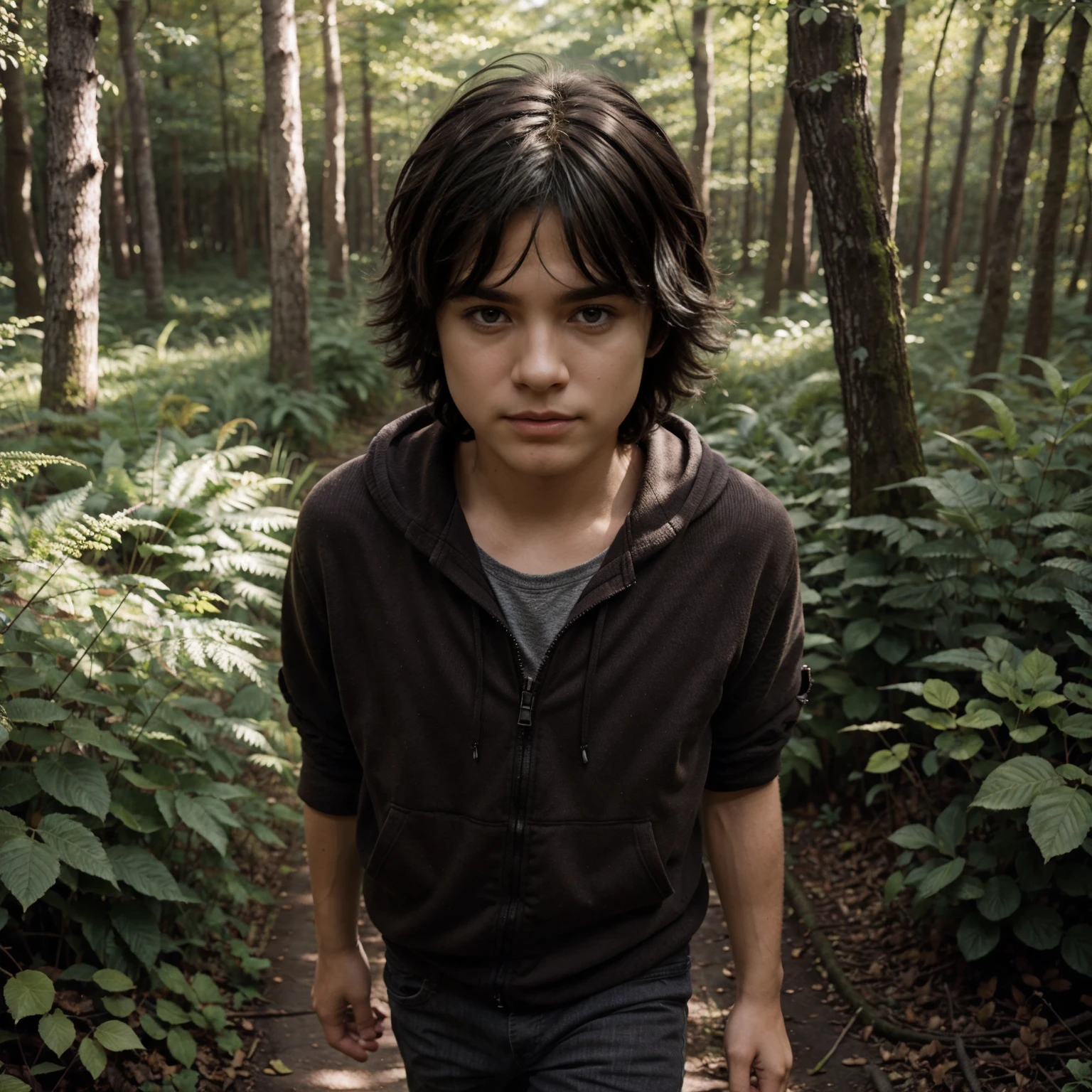 1boy, solo, dark fluffy hair, walking through a forest, closeup