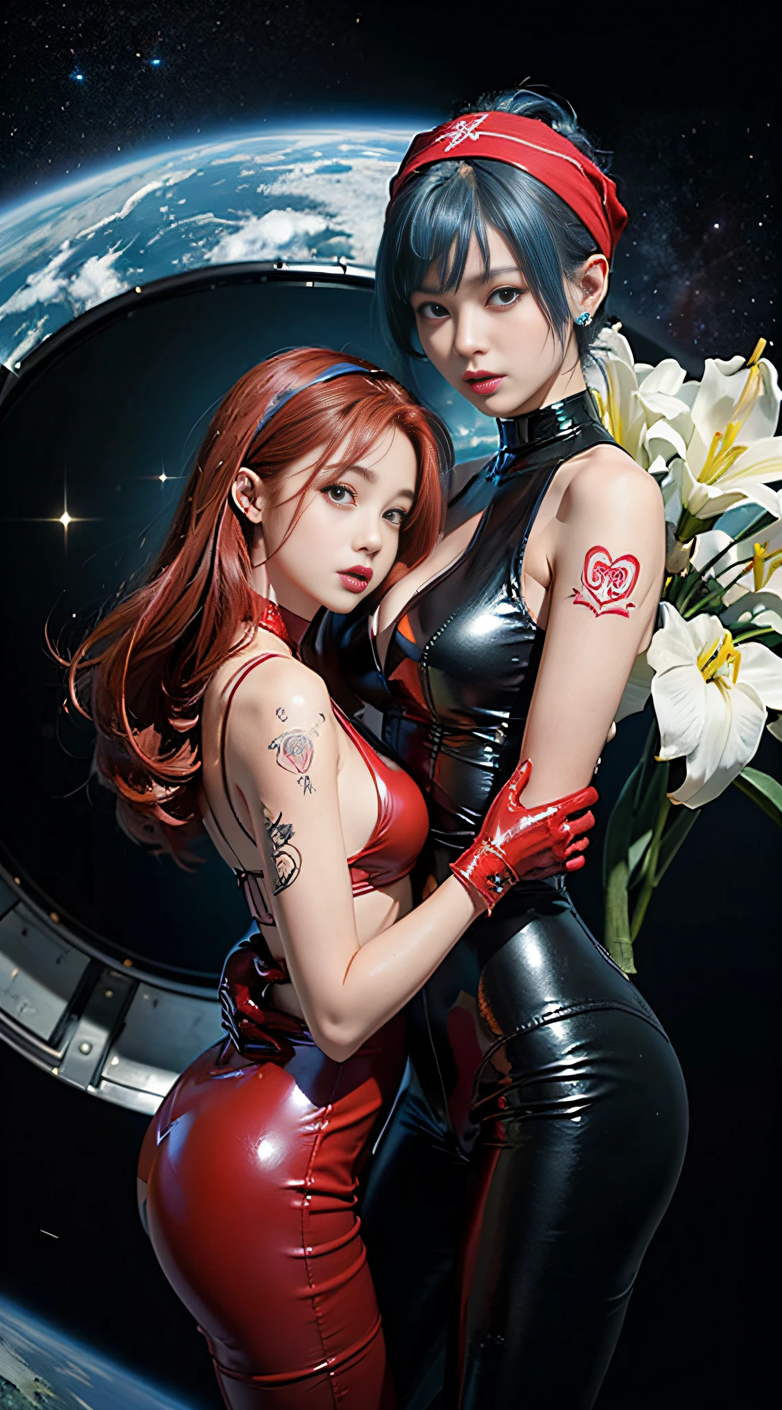 ((masterpiece:1.4)、(top-quality:1.4)、(reallistic:1.7))、masuter piece:1.4、Beautiful Girl Dirty Pair、(Beautiful Girl Space Investigator Dirty Pair:1.4)、Yuri and Kay's duo investigator、Yuri and Kei's duo investigators stand side by side、(hold a gun:1.2)、Body Fit Sexy Investigator Duo Uniform、(Glossy luxury latex:1.4)、(White Sleeveless Uniform Jacket)、(Underwear Red Sexy Super Ultra Bikini)、(Luxury Red Latex:1.4)、age19、(Cute tattoos:1.4)、(Wearing white gloves)、(two cute girls:1.4)、Super beauty、foco nítido、Portrait photos、(Perfect female body:1.4)、perfectly proportions、Sexy couple、Upper body photography:1.4、beautiful countenance、beautidful eyes、Narrow waist、beauty legs、(Kei has red hair and wears a bandana..:1.4)、(Lilies have blue hair:1.4)、(length hair:1.2)、Beautiful udder、large full breasts:1.2、Sexy ass、Raw photo、red-lips、Red high heels:1.4、a choker:1.4、a necklace:1.4、耳Nipple Ring:1.4、1 screen display、cyberpunkcity:1.2