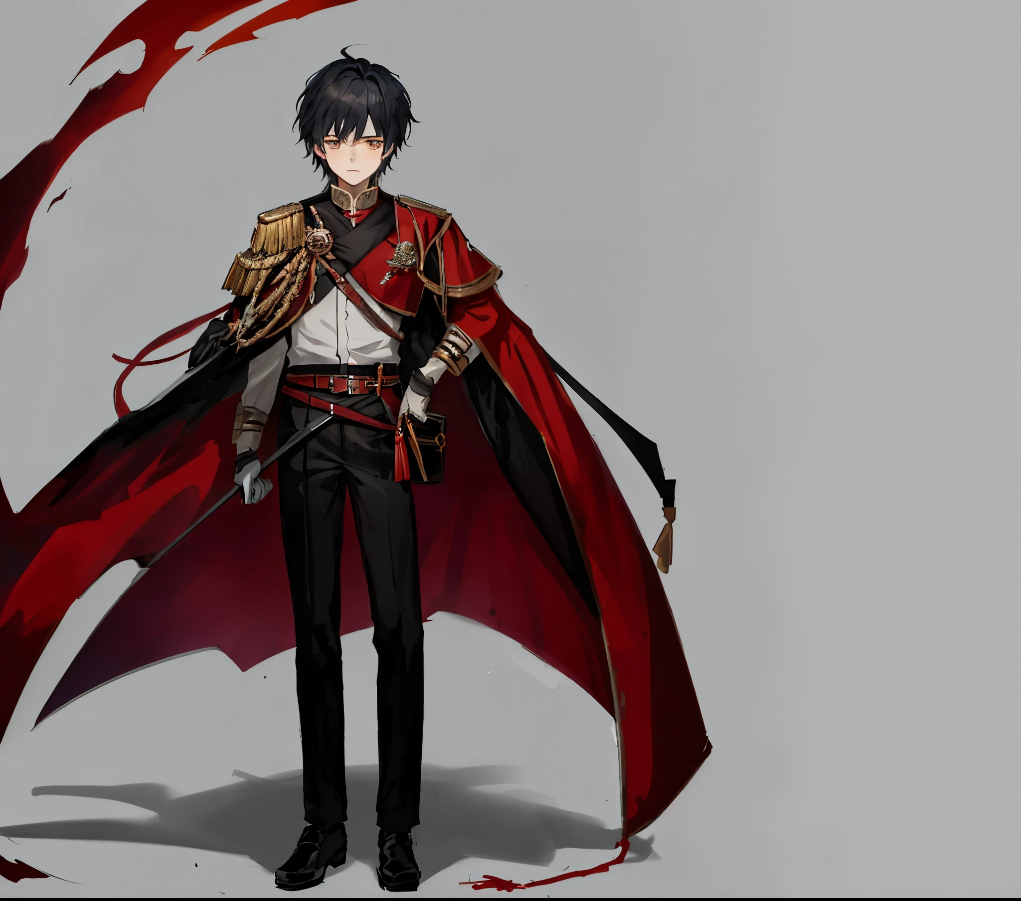 Anime boy, , fantasy type red black white and gray war outfit, brown eyes, black hair, 5'8, full body, black pants with war details, standard pose, brave look
