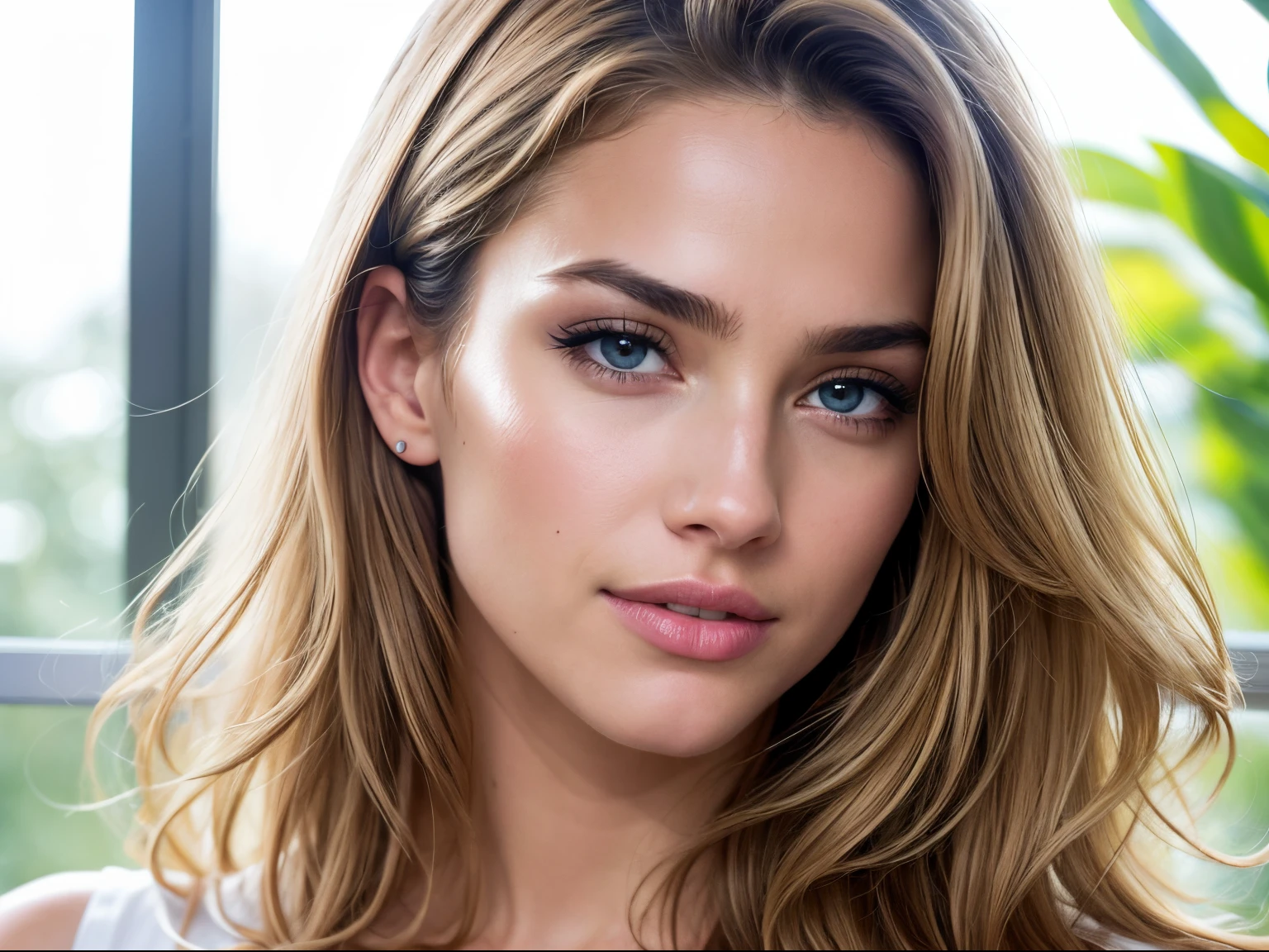 (masterpiece), (sharp), (crisp), Belle brune aux reflets blonds portant un pull beige (dans une chambre), (windows behind), Very detailed, 24 ans, visage innocent, natural wavy hair, yeux bleus, High resolution, masterpiece, Best quality, intricate high detail, highly detailed, mise au point nette, detailed skin, realistic skin texture, texture, detailled eyes, professionnel, 4K, sourire charmant, filmed on Canon, 85 mm, faible profondeur de champ,  Couleur Kodak Vision, perfect fit body, Extremely detailed, photographier_\(ultra\), photoreallistic, Realstic, Post-traitement, Maximum details, roughness, real life, ultra realist, photorealism, photographie, 8K UHD, photographie
