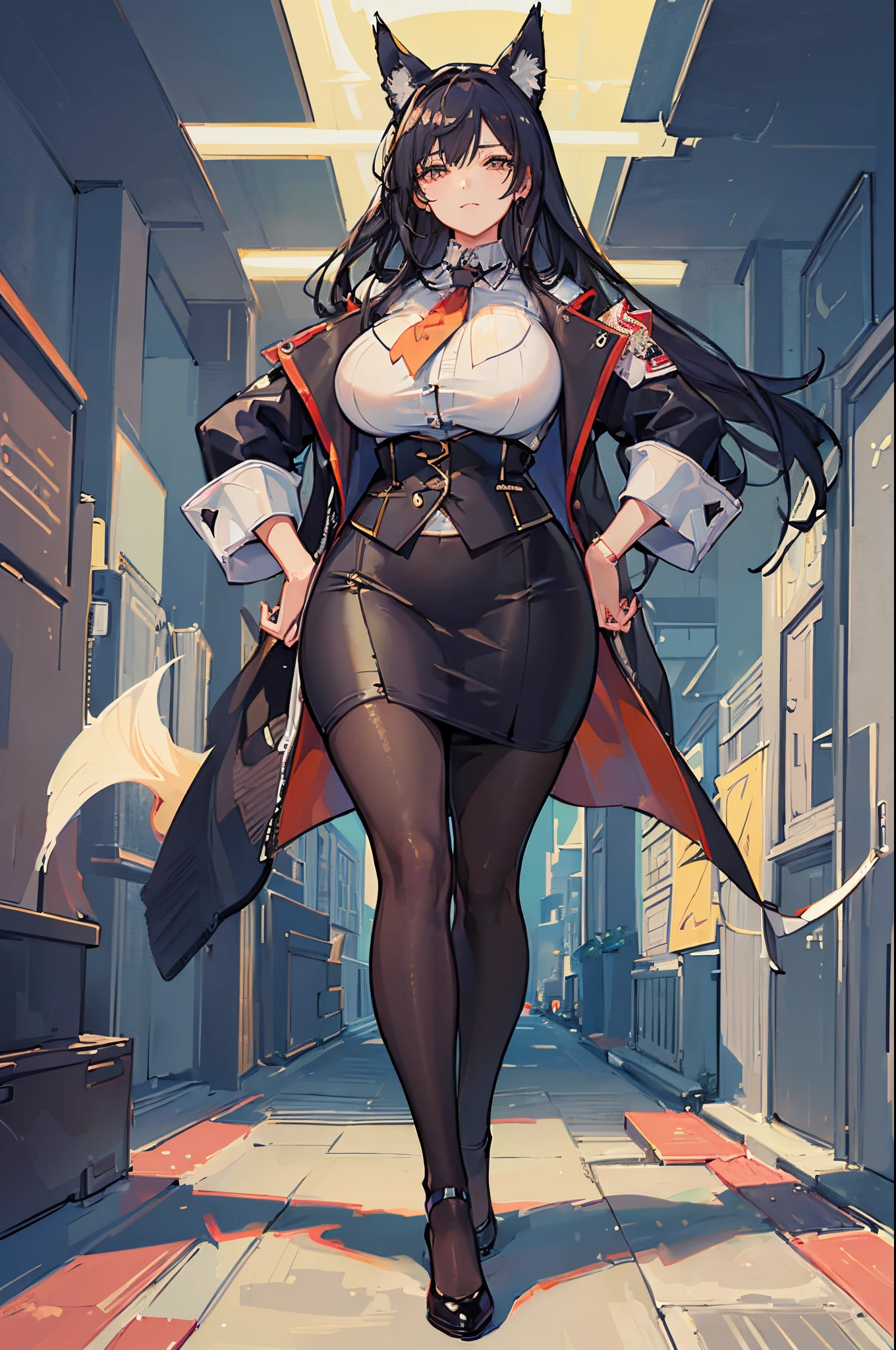 (Masterpiece: 1.5), (Best Quality: 1.5), (Perfect Face), 1 Woman, Fox ears, Fox tail, office lady, mature woman, big tummy, fat body, voluptuous body, tight pencil skirt
, ,