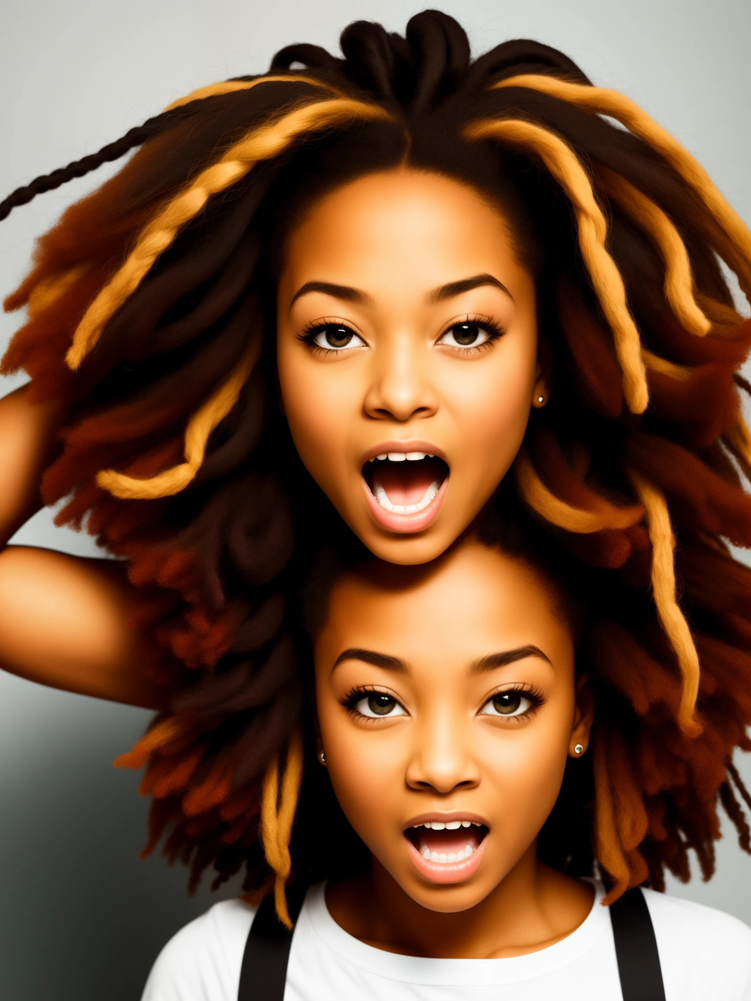crazy black tomboy with medium length dreadlocks with crazed expression