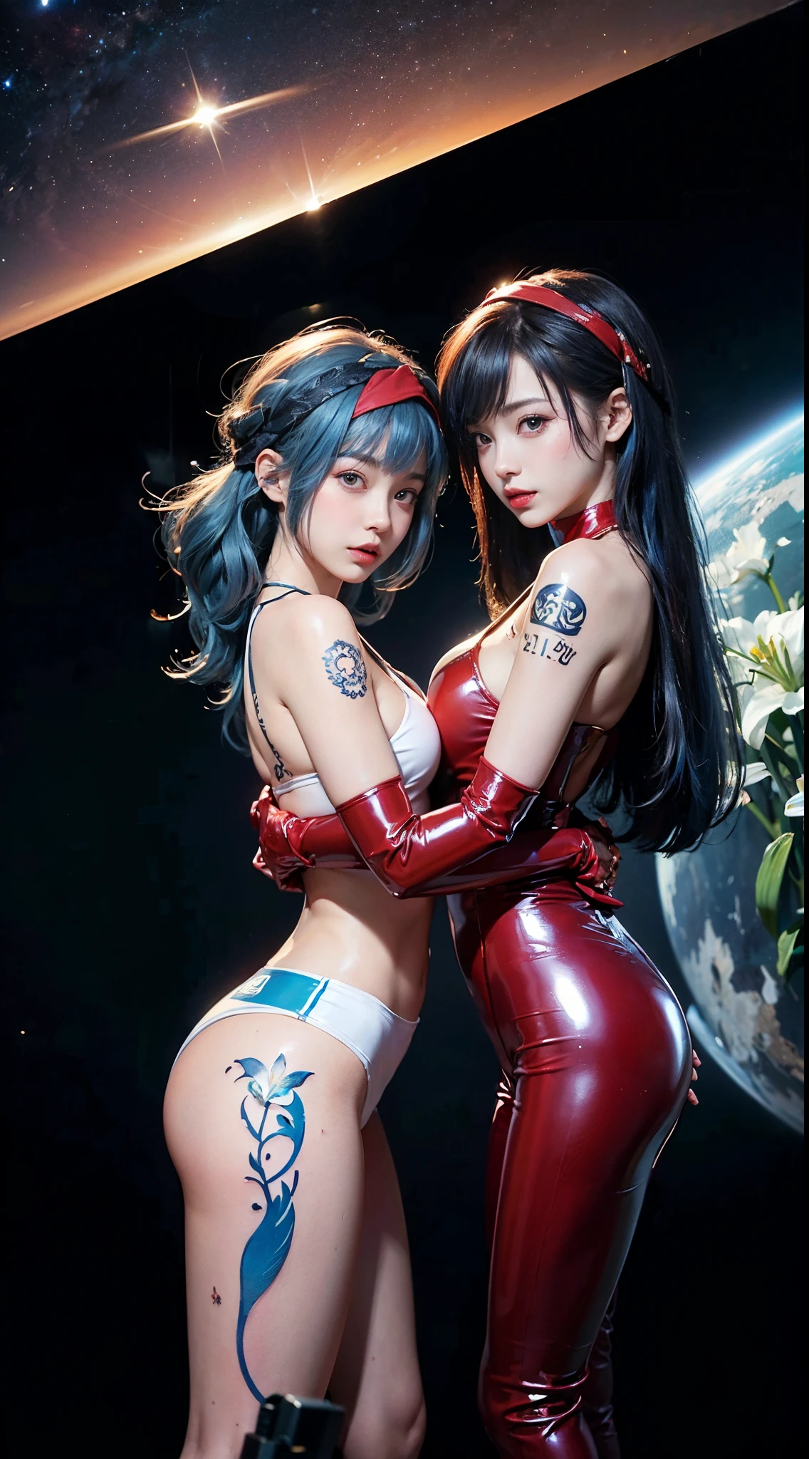 ((masterpiece:1.4)、(top-quality:1.4)、(reallistic:1.7))、masuter piece:1.4、Beautiful Girl Dirty Pair、(Beautiful Girl Space Investigator Dirty Pair:1.4)、Kei and Yuri space investigator duo、two investigators, Kei and Yuri stand side by side...、(hold a gun:1.2)、Body Fit Sexy Investigator Duo Uniform、(Glossy luxury latex:1.4)、(White Sleeveless Uniform Jacket)、(Underwear Red Sexy Super Ultra Bikini)、(Luxury Red Latex:1.4)、age19、(Cute tattoos:1.4)、(Wearing white gloves)、(Two cute girls:1.4)、Super beauty、foco nítido、Portrait photos、(Perfect female body:1.4)、perfectly proportions、Sexy couple、Upper body photography:1.4、美丽的面容、(Beautiful skins:1.4)、beautidful eyes、Narrow waist、beauty legs、(Kei has red hair and wears a bandana..........:1.4)、(Lilies have blue hair:1.4)、(length hair:1.2)、Beautiful udder、large full breasts:1.2、Sexy ass、Raw photo、red-lips、Red high heels:1.4、a choker:1.4、a necklace:1.4、耳环:1.4、1 screen display、cyberpunkcity:1.2