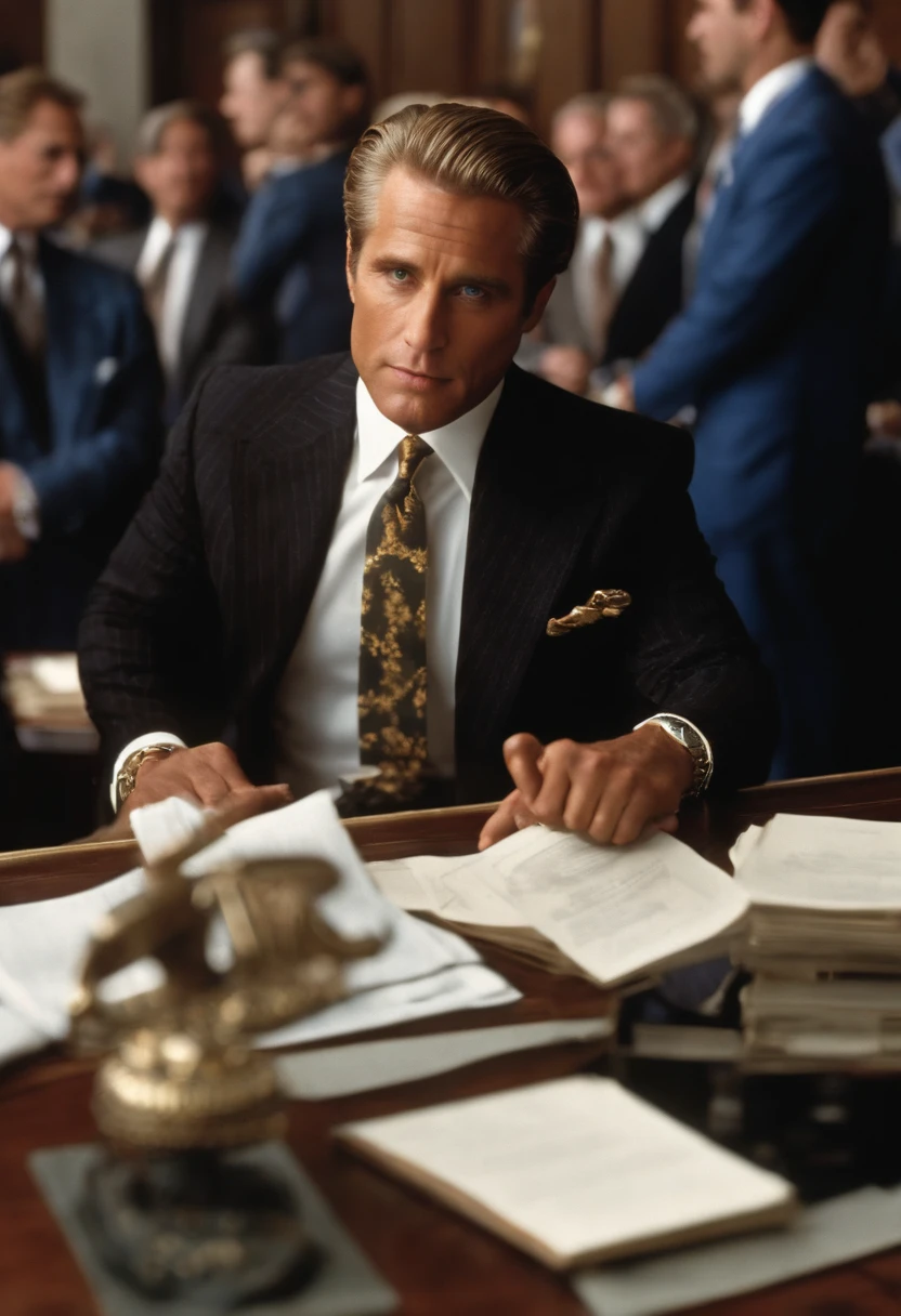A photo of Gekko attending a high-stakes auction, bidding on a rare, valuable piece of art.,Wall Street,Gordon Gekko, the iconic character from the film “Wall Street,” is the epitome of 1980s corporate greed and style, often seen in tailored, expensive suits that signify his success and power in the financial world. He is distinguished by his slicked-back hair and a confident, almost predatory gaze, enhancing his image as a ruthless and savvy Wall Street tycoon., male