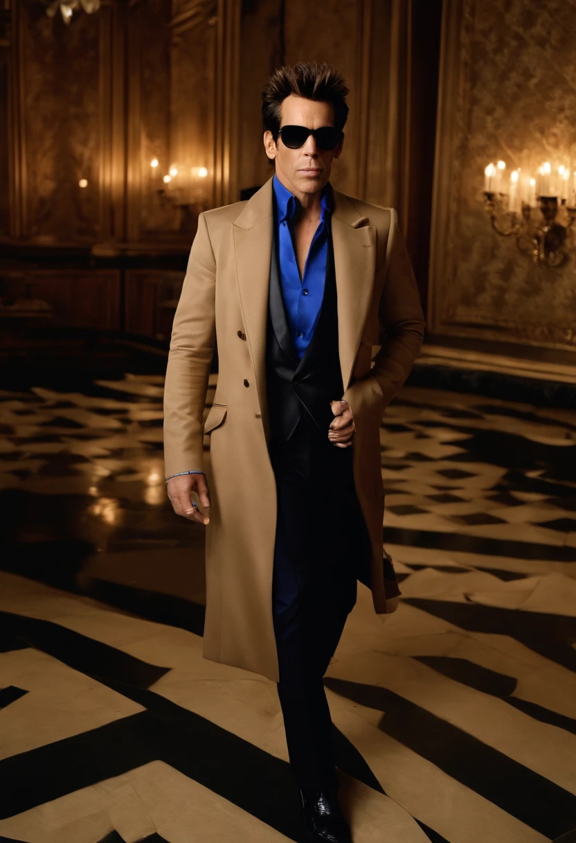 A photo of Derek Zoolander organizing a fashion show for shelter animals,Zoolander films,Derek Zoolander, the fictional supermodel from the “Zoolander” films, played by Ben Stiller, is known for his distinctive and exaggerated fashion style. He often sports flashy, avant-garde outfits that mirror the over-the-top nature of the fashion industry he represents. Derek’s signature “Blue Steel” look is characterized by his pursed lips and intense, smoldering gaze, which he comically believes to be highly influential and groundbreaking. His well-groomed hair and chiseled facial features contribute to his portrayal as a somewhat clueless yet beloved fashion icon., male