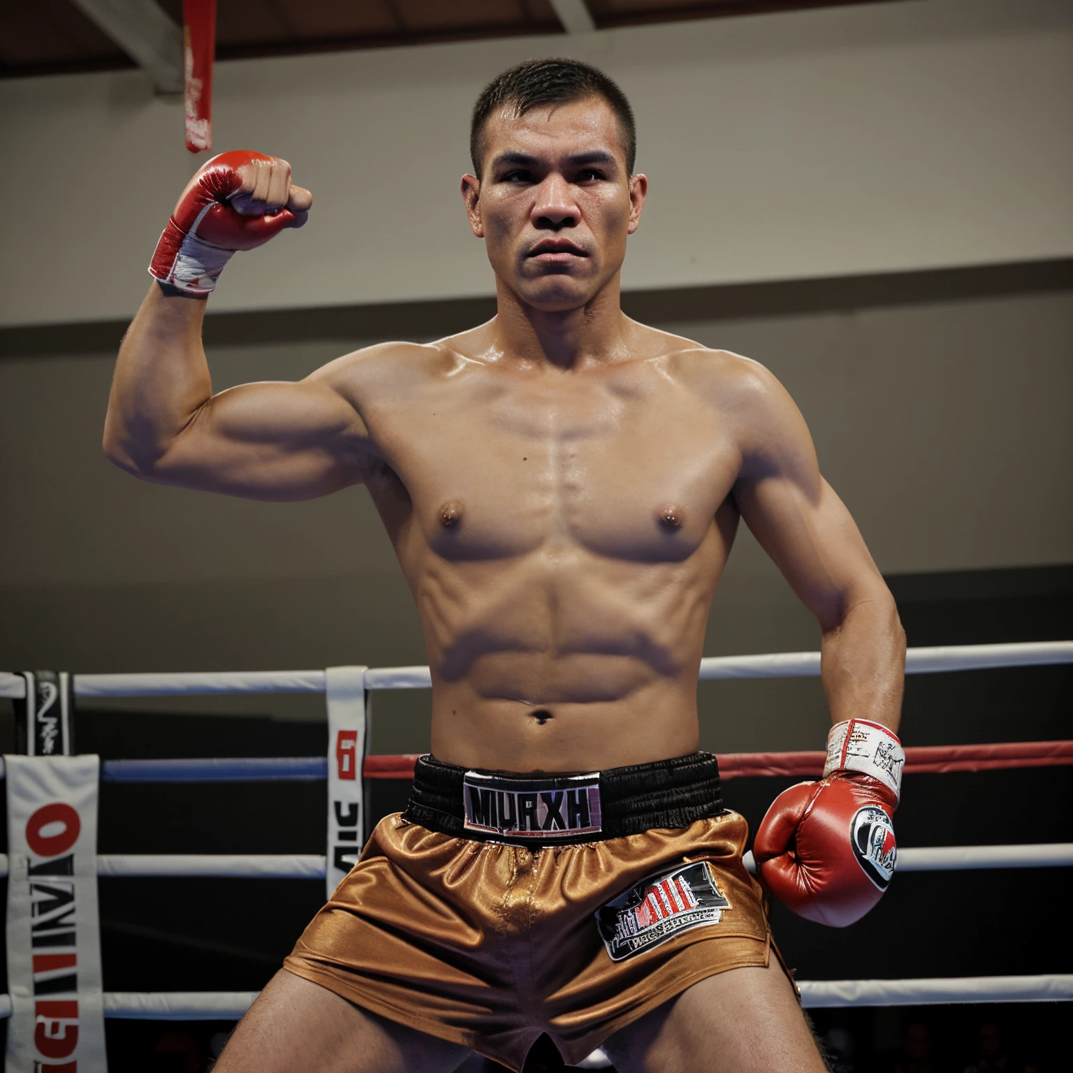 Man Boxer standing in the boxing ring, Muay Thai, boxing stance